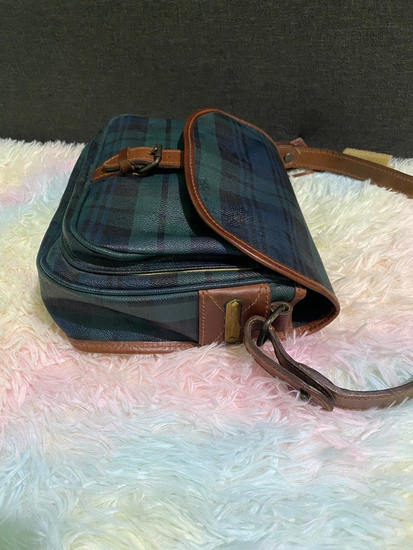 Vintage Polo Ralph Lauren Plaid Burgundy Zip Leather Boston Bag Handbag