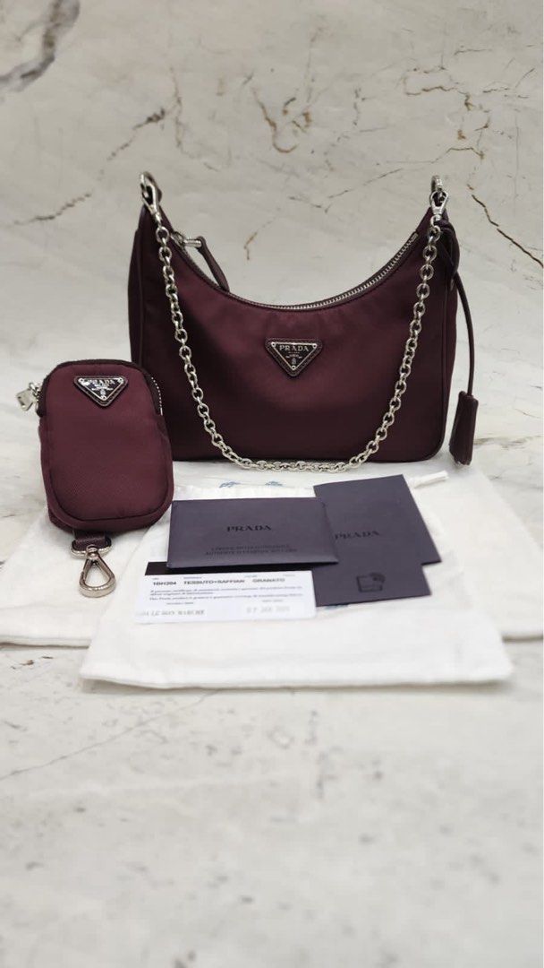RARE COLOR Prada 1BH204 re edition 2005 multi pochette tessuto granato maroon 2020 with card stamped booklet dustbag and small pouch
