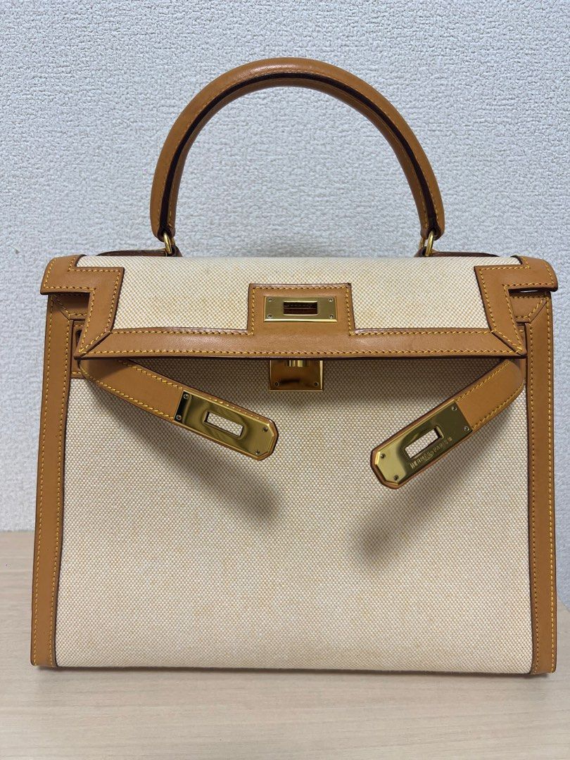 Vintage Hermès Kelly 28 Sellier Naturel & Écru Toile H and Peau Porc G