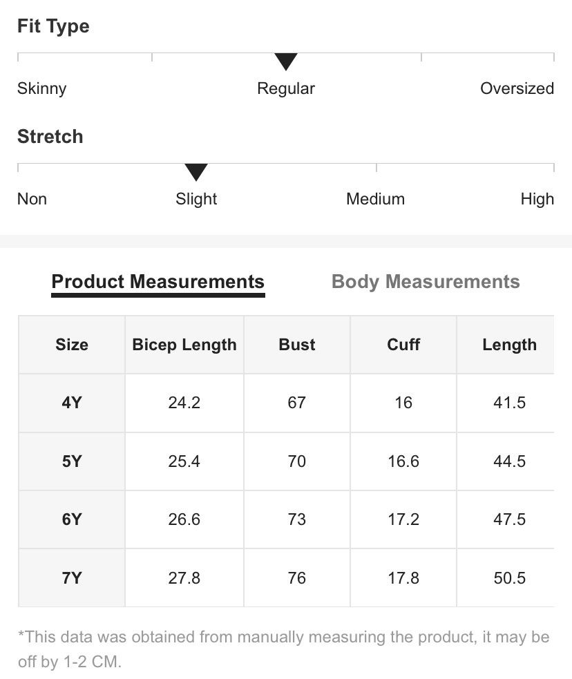 Shein size chart for kids store