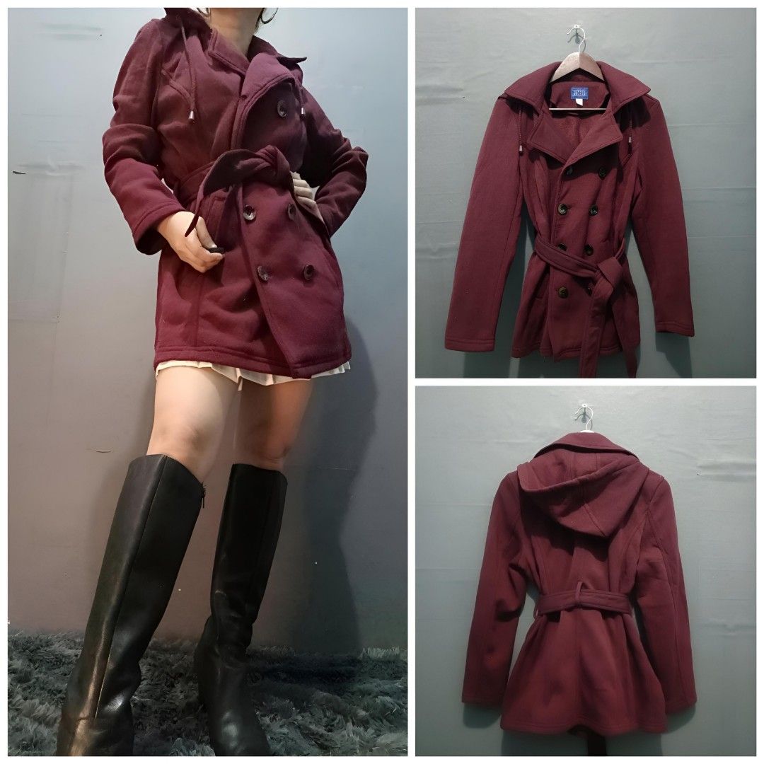 SIMPLY STYLED Burgundy Belted Trenchcoat with Hoodie Street Style
