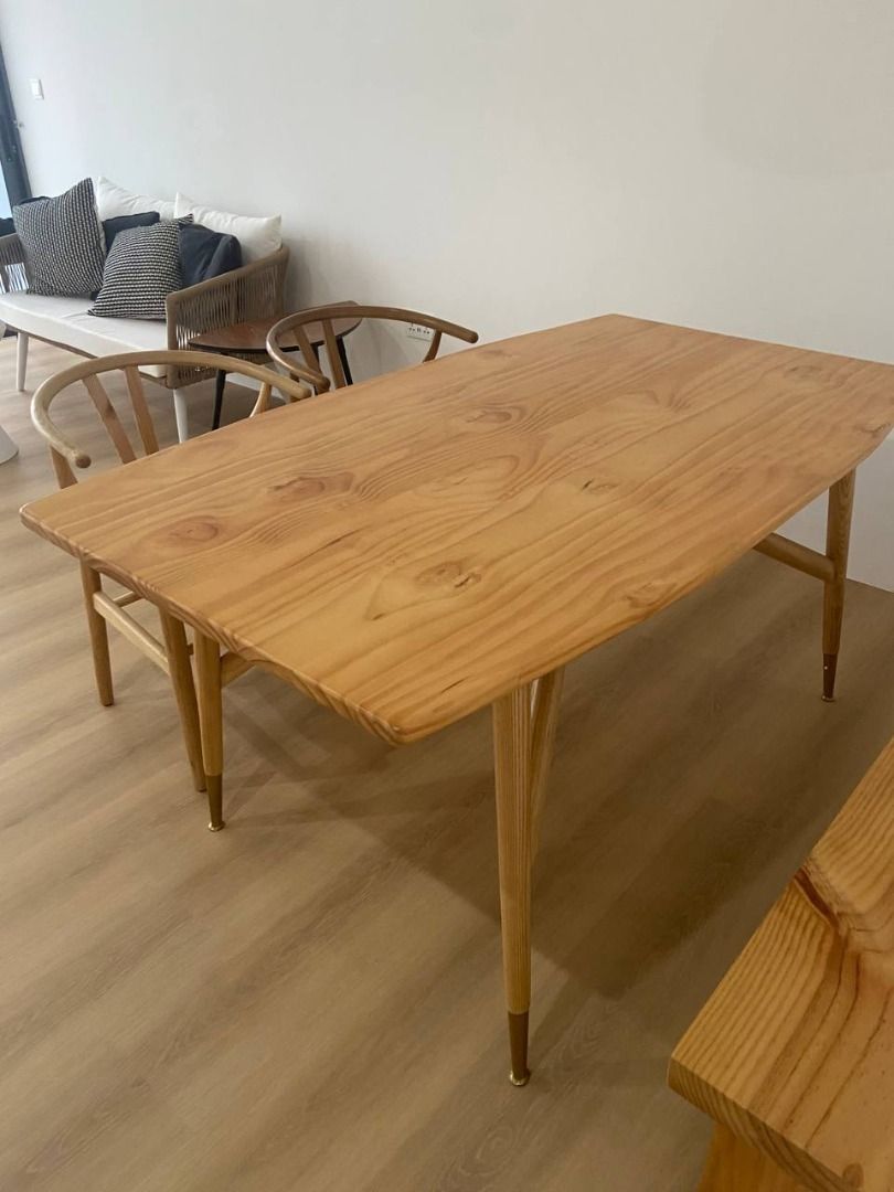 SOLID WOOD DINING TABLE CUSTOM (Category: Tables & Sets) located in Singapore. Submitted by vladaaa (Listing ID 1262858061, Image 2). Description: Seat up to 6. Left 1table, 1 long bench Customized table and chairs Table: W160 x D90 x H75cm Self collect @ loyang .