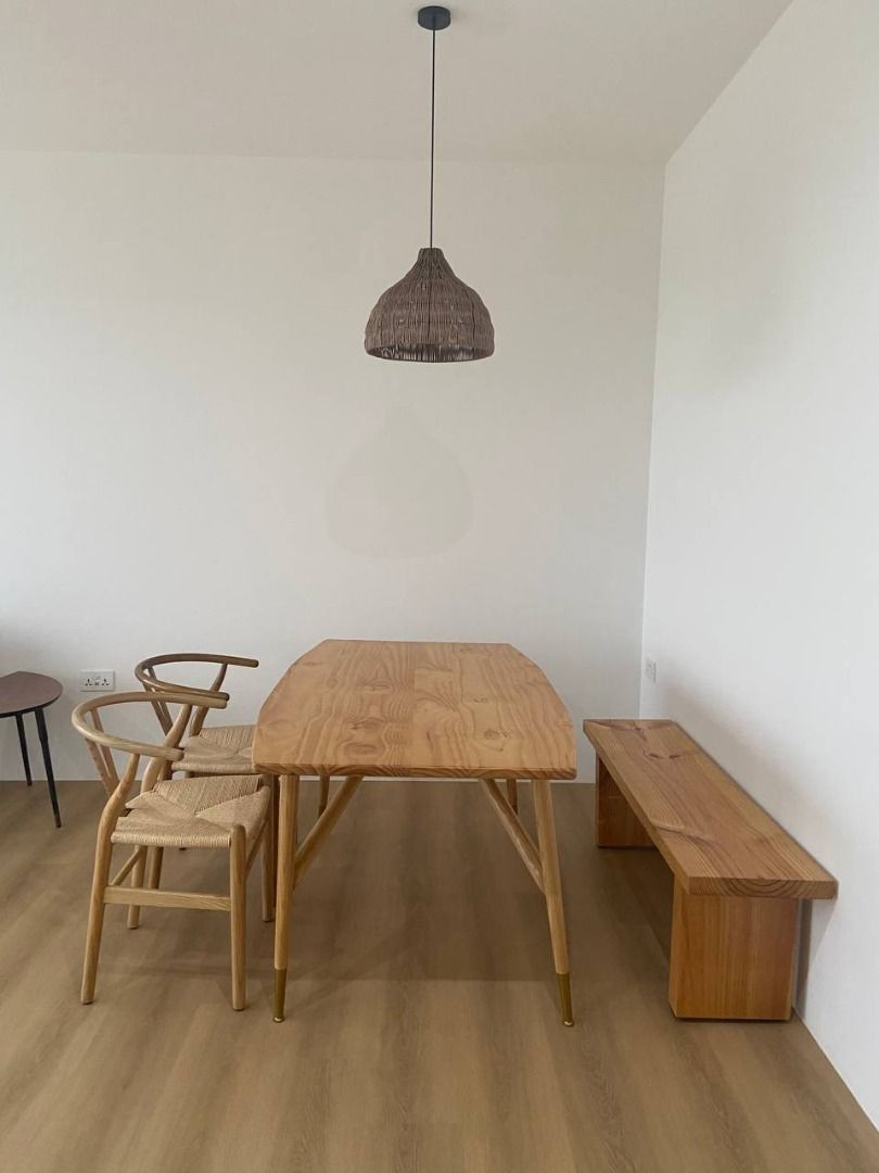 SOLID WOOD DINING TABLE CUSTOM (Category: Tables & Sets) located in Singapore. Submitted by vladaaa (Listing ID 1262858061, Image 3). Description: Seat up to 6. Left 1table, 1 long bench Customized table and chairs Table: W160 x D90 x H75cm Self collect @ loyang .