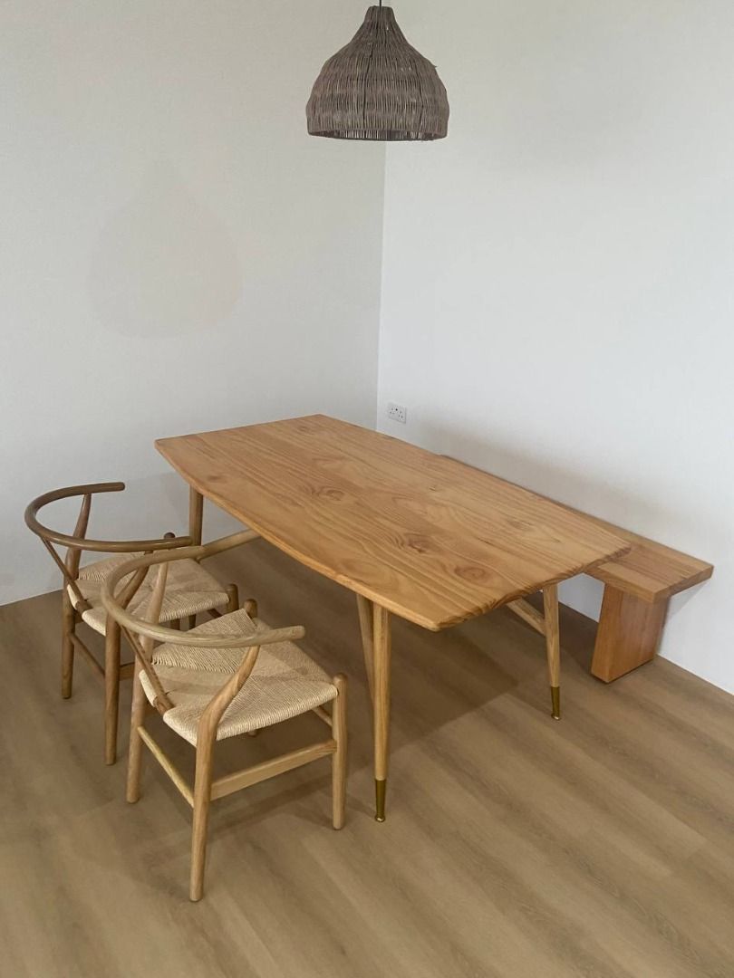 SOLID WOOD DINING TABLE CUSTOM (Category: Tables & Sets) located in Singapore. Submitted by vladaaa (Listing ID 1262858061, Image 1). Description: Seat up to 6. Left 1table, 1 long bench Customized table and chairs Table: W160 x D90 x H75cm Self collect @ loyang .