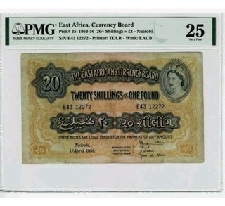 Superb Rare Vintage QEII 1954 East Africa 20 Shillings = 1 pound Nairobi in PMG 25 condition.
