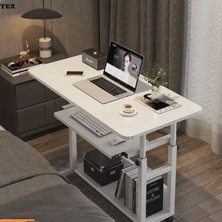 White Adjustable Height Bedside Laptop Table / Computer Table Desk Lifting / Office Table / Side Table with Wheels