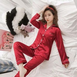 Women Silk Satin LV print Short Sleeve Pyjamas set Baju Tidur Sleepwear  Pajamas Suit