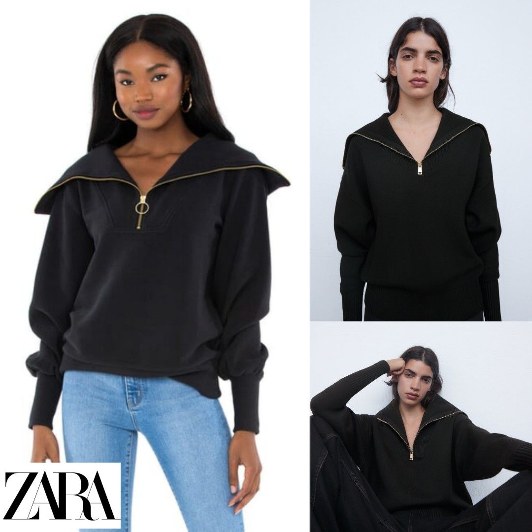 ZARA Half Zipper Knit Sweater Sailor Wide Collar Turtleneck Oversize Black Atasan Rajut Resleting Zip Rib Panjang Leher Tinggi Kerah Kawai Tangan Semi Balon Besar NETT BACA DESKRIPSI Fesyen