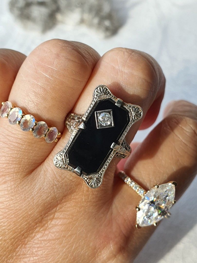 Antique 1920s 14ct Solid White Gold Onyx and Diamond Ring Women s