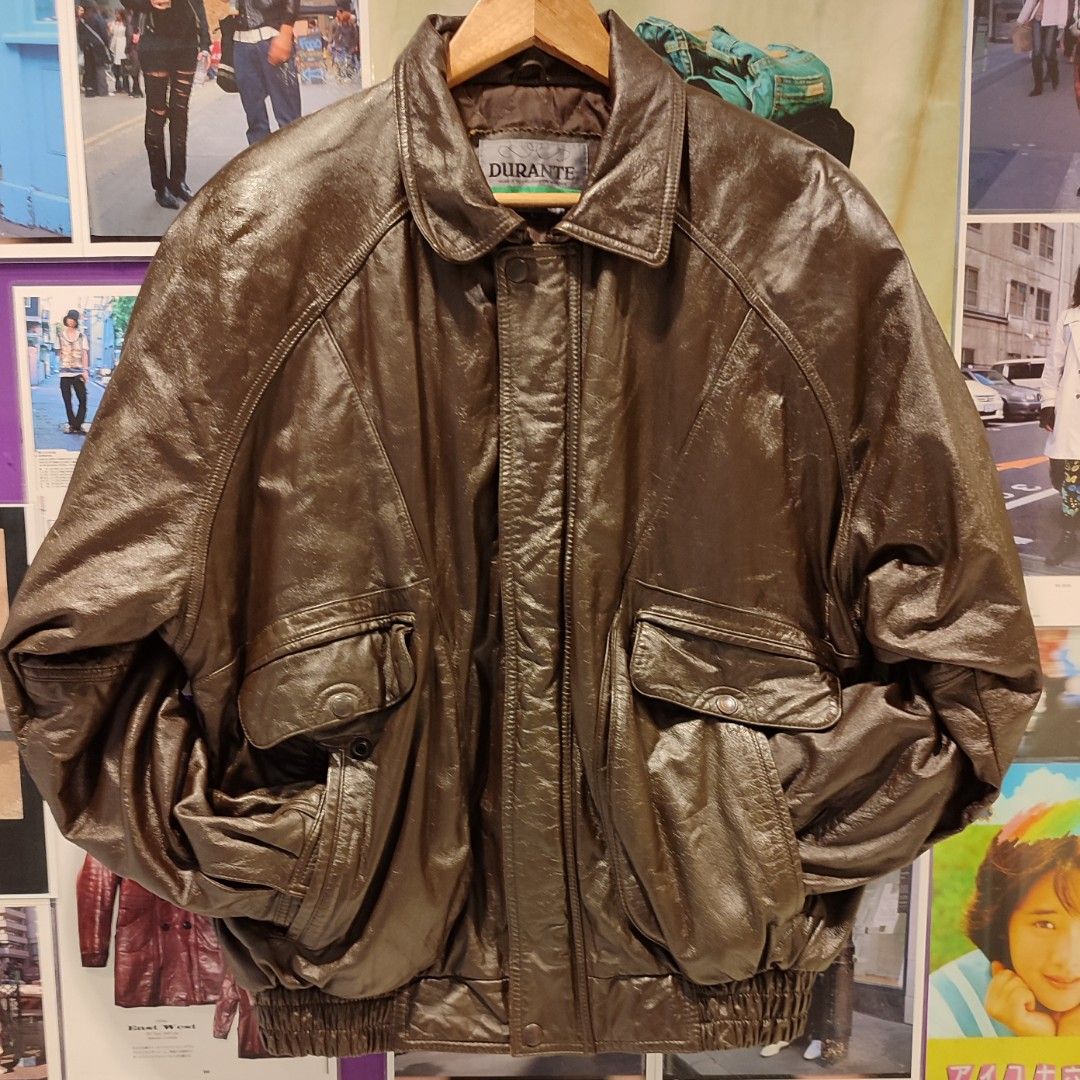 Army green bomber genuine leather jacket 1980s
