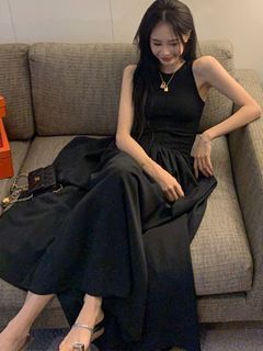 二手 韓版名媛風黑色無袖長裙洋裝 超顯瘦! L號