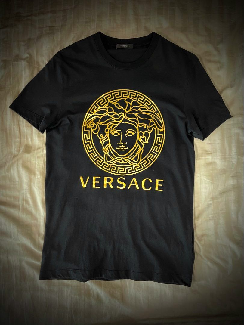 Versace Gold Medusa Logo Center Brand Name Stripe Black Hoodie