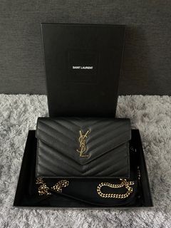 YSL Yves Saint Laurent Chain Wallet Bag Embossed Leather Poudre Beige Tan