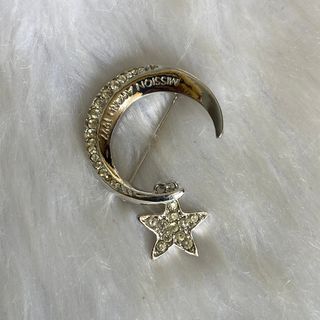 Avon Vintage Silver Tone Crescent Moon & Star Crystals Brooch