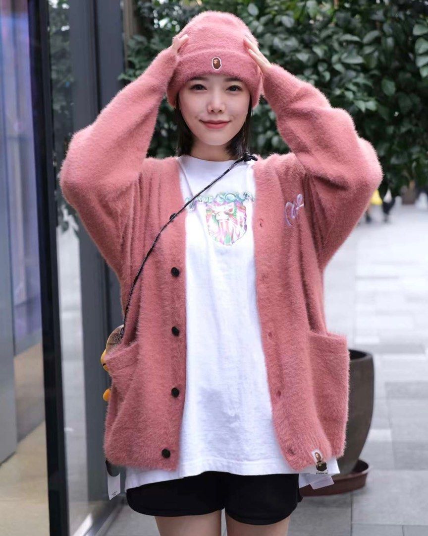 Pink shaggy knit cardigan on sale