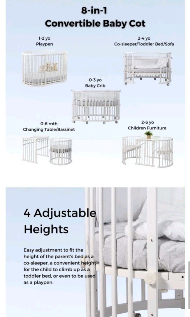 Beblum Sam Crib 8in1 Convertible Baby Cot with mattress and sheets