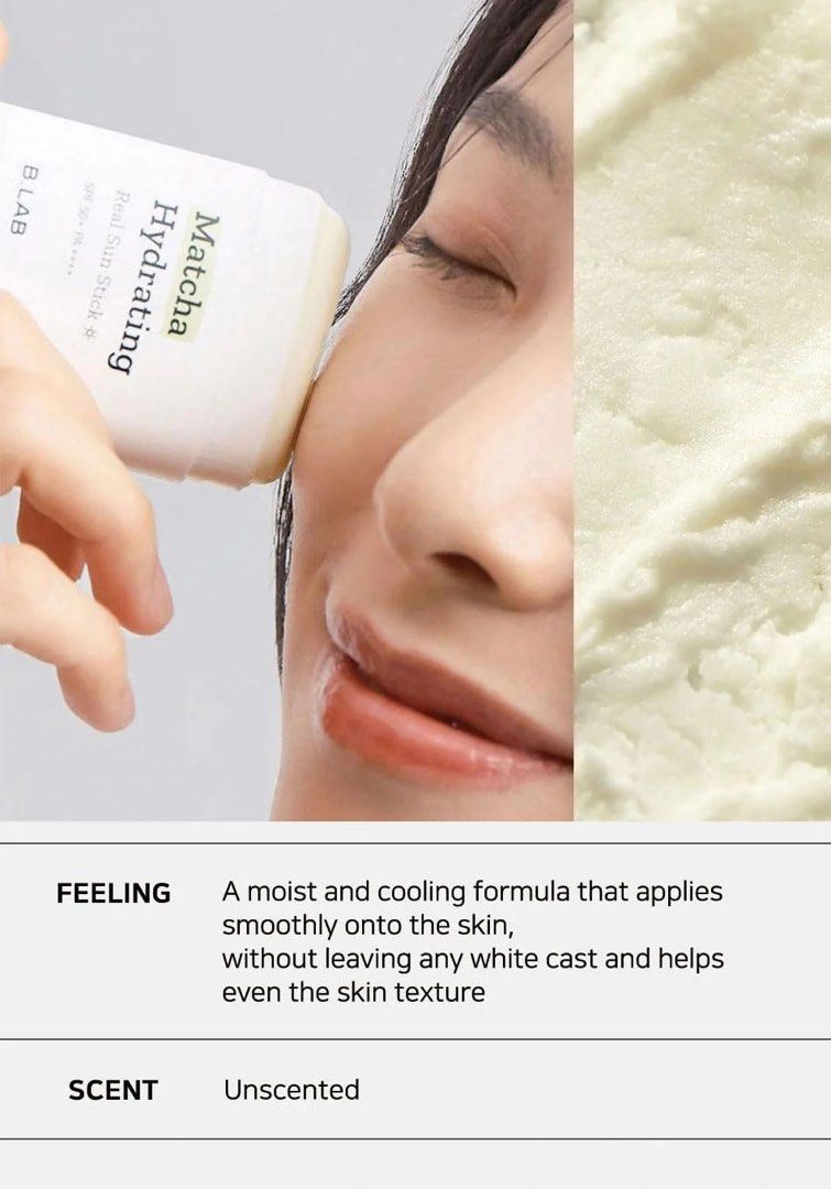 b.lab Matcha Hydrating Real Sun Stick 21g (Category: Face Care) located in Mandaluyong City. Submitted by lady.lannister (Listing ID 1263058937, Image 3). Description: Benefits: A mild chemical sunstick that helps defend your skin from strong UV rays and leaves a lightweight finish. Formulated with SPF 50+ PA++++ UV protection. Beside UV protection, it also contains anti-wrinkle and brightening properties. A reef safe sunscreen that does not harm