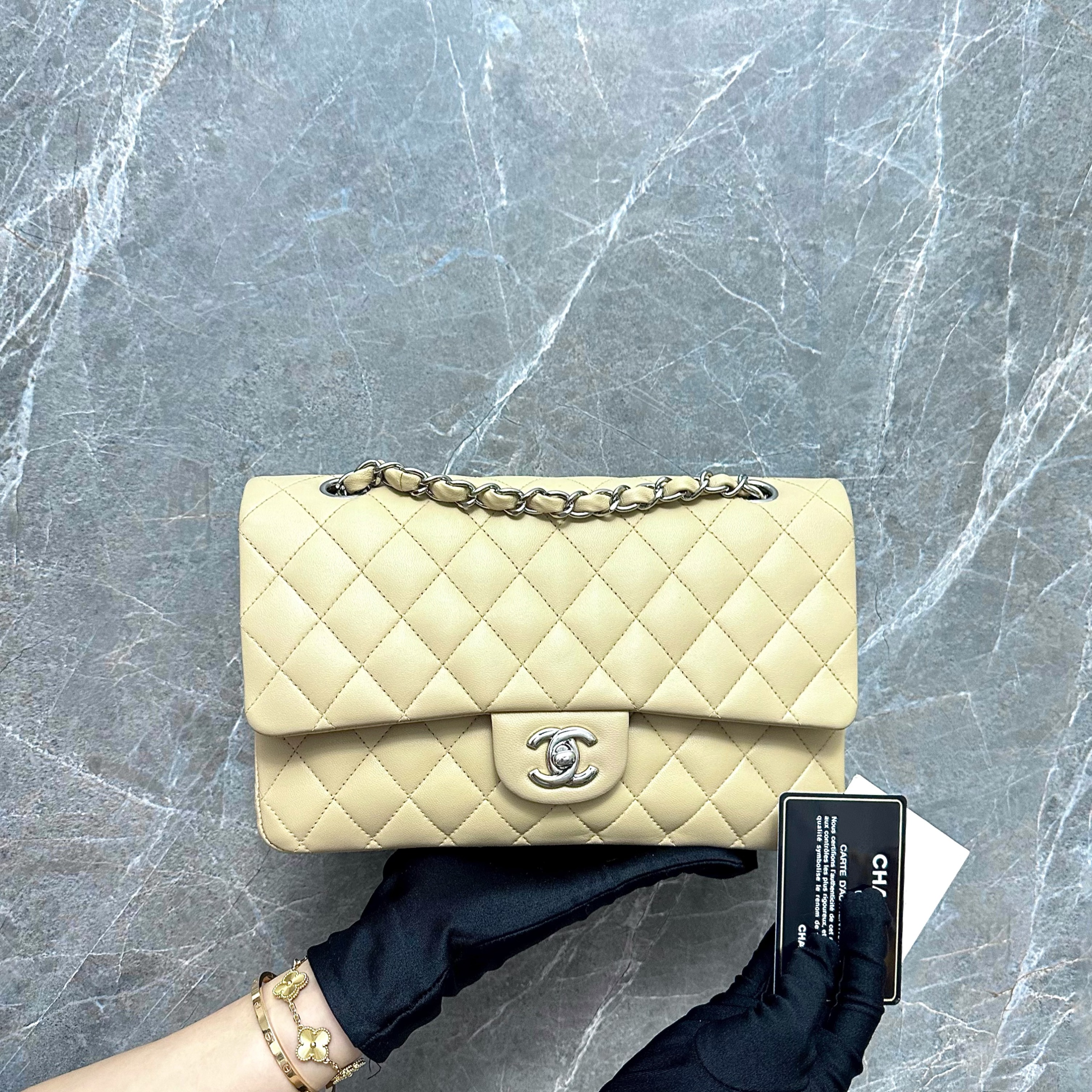 Chanel Medium Classic Flap Double Flap 25 CM Lambskin Beige SHW No 14,  Luxury, Bags & Wallets on Carousell