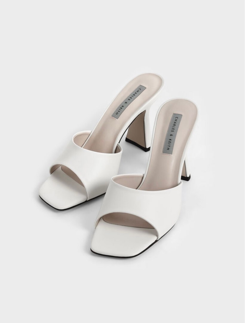 Charles Keith Square Toe Heeled Mules in Cream Women s Fashion