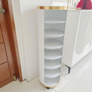 Cylinder revolving rotating minimalist gold white shoe clutter cabinet rack shelf storage