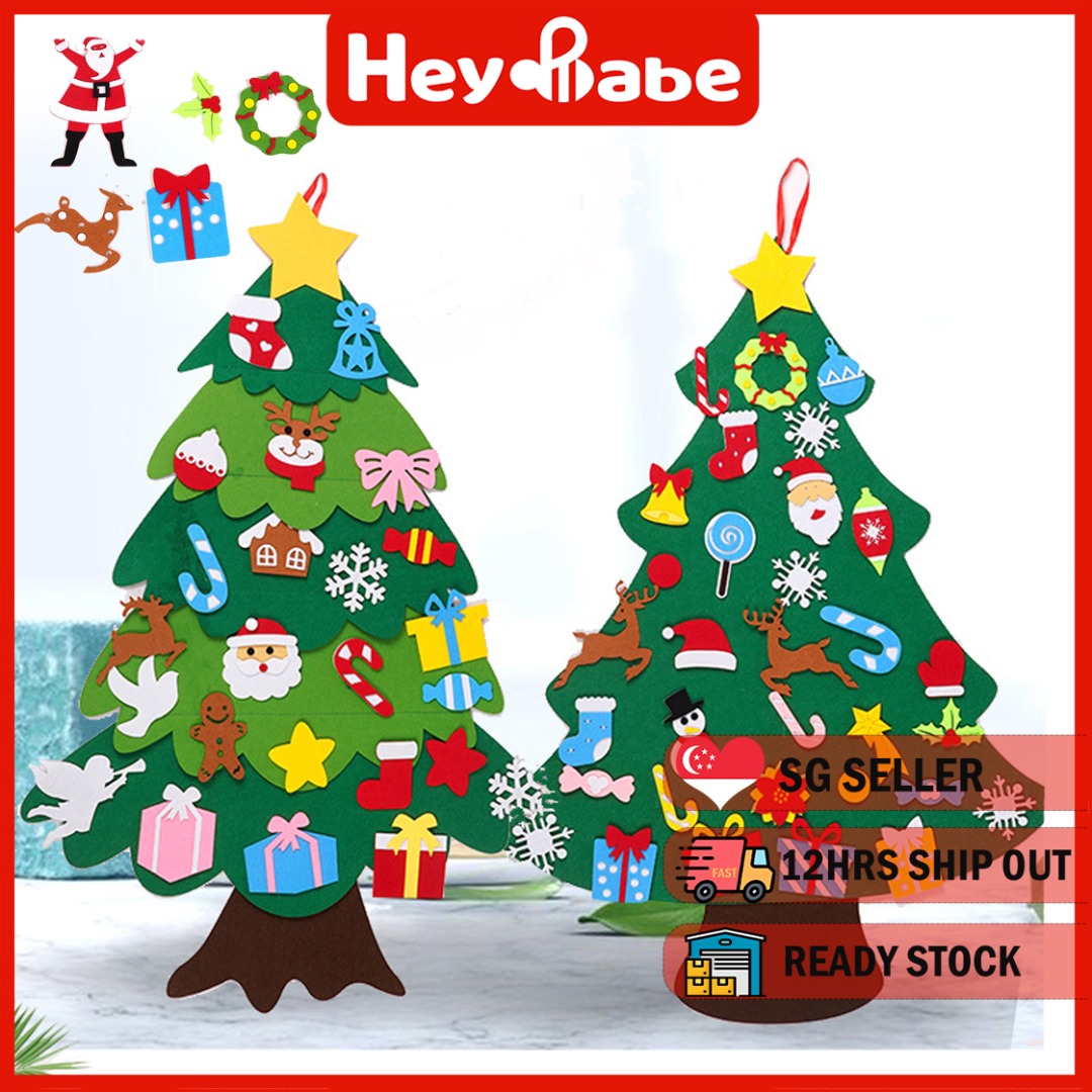 DIY Felt Christmas Tree with Detachable Ornaments on Velcro, LED Lights
