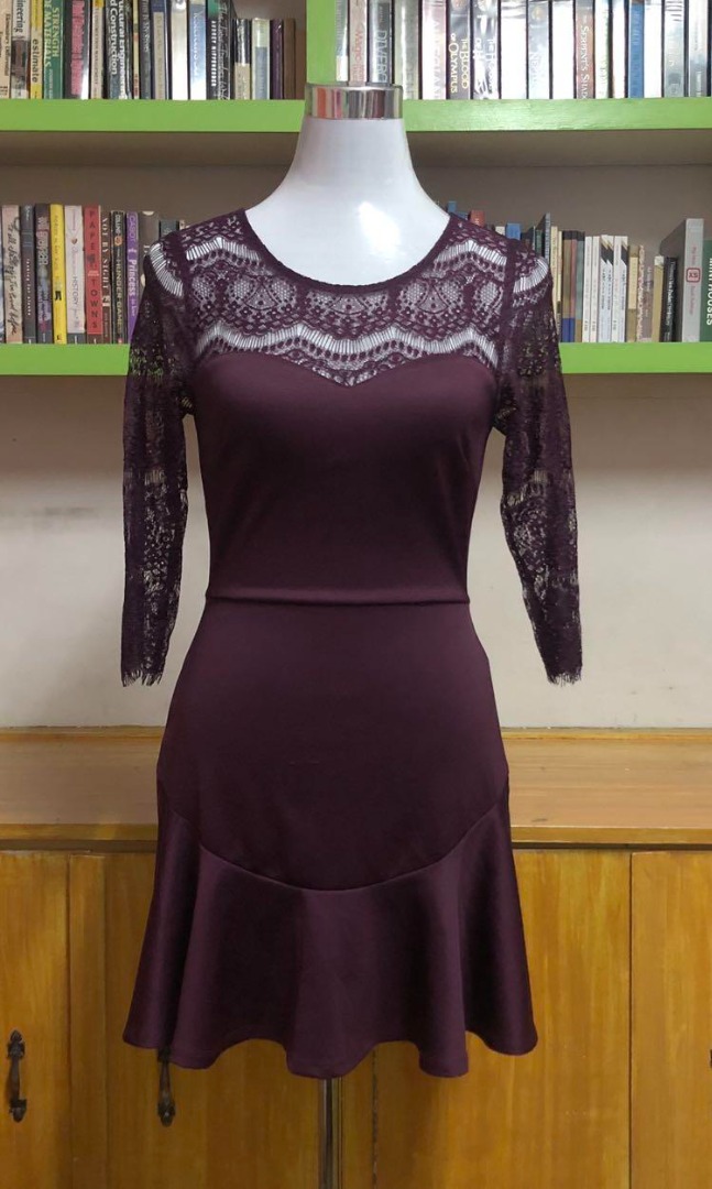Forever 21 Maroon Lace and Scuba Skater Dress Size M Women s Fashion Dresses Sets Dresses on Carousell