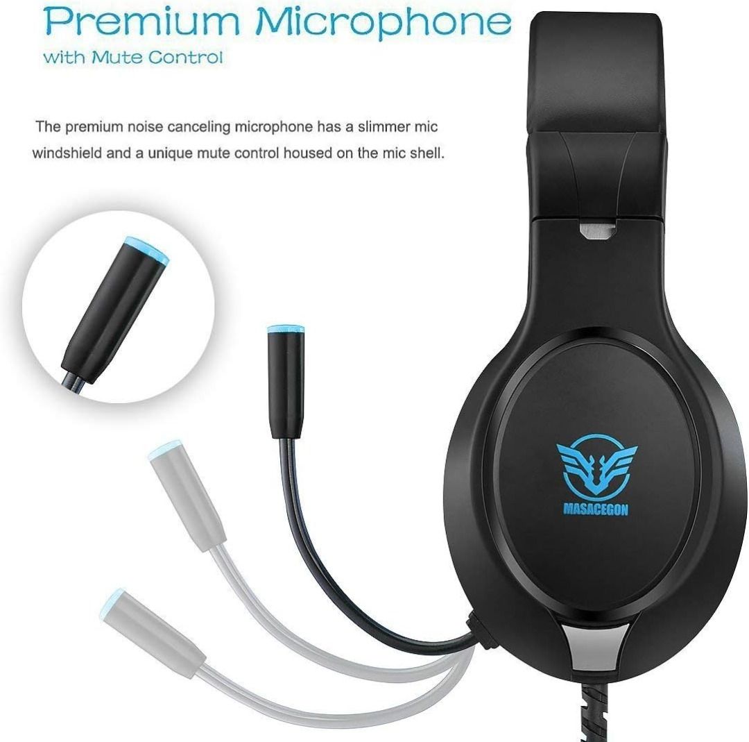 Gaming Headset for Xbox One PS4 PS5 Nintendo Switch Bass Surround and Noise Canceling with Flexible Mic 3.5mm Wired Adjustable Over Ear Headphones for Laptop PC iPad Black Blue Audio Headphones Headse...