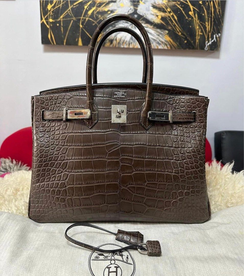 HERMES BIRKIN 30 Gris Elephant Matte Alligator Gold Hardware at