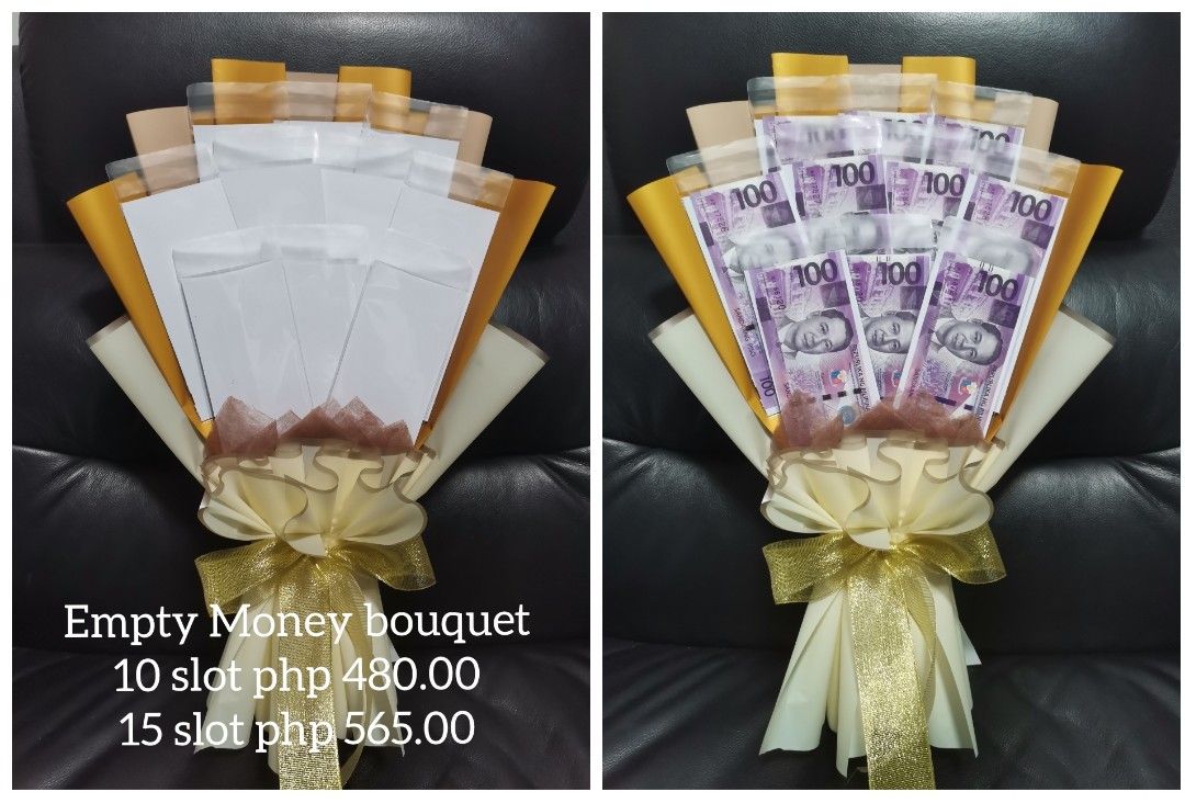 Ready made money bouquet (Category: Flowers & Bouquets) located in Malabon City. Submitted by lycegoroca (Listing ID 1263147300, Image 1). Description: Available in 6's,10 slot, 15 slots, 18 slots with or without artificial flowers, with or without Ferrero cups Location: A. Bonifacio Ave Q c near Ayala cloverleaf.