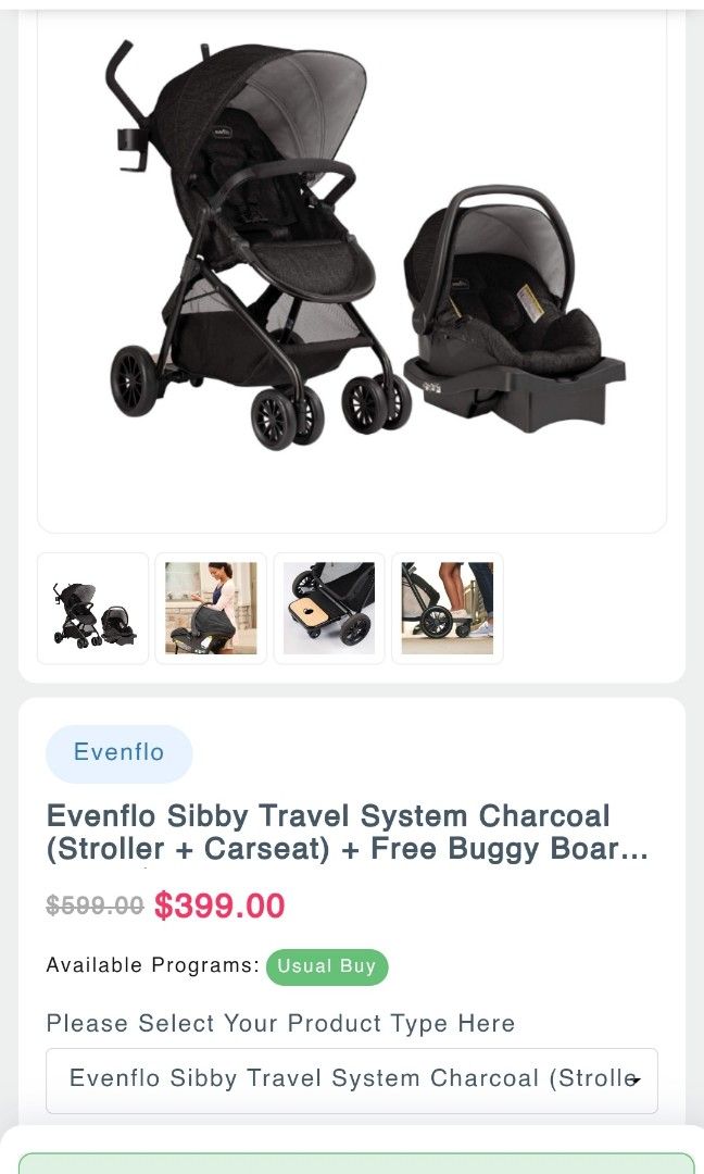 RTP399 Evenflo Sibby Travel System Buggy Board Babies Kids