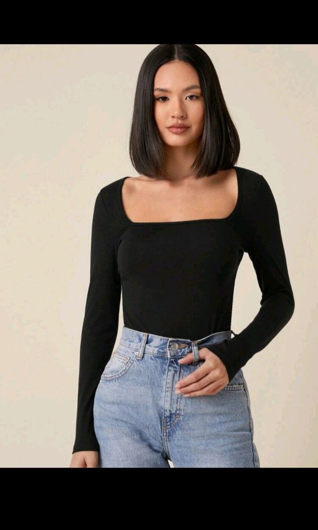 SHEIN BASICS Cotton Ribbed Form-Fitting Long Sleeve Tee