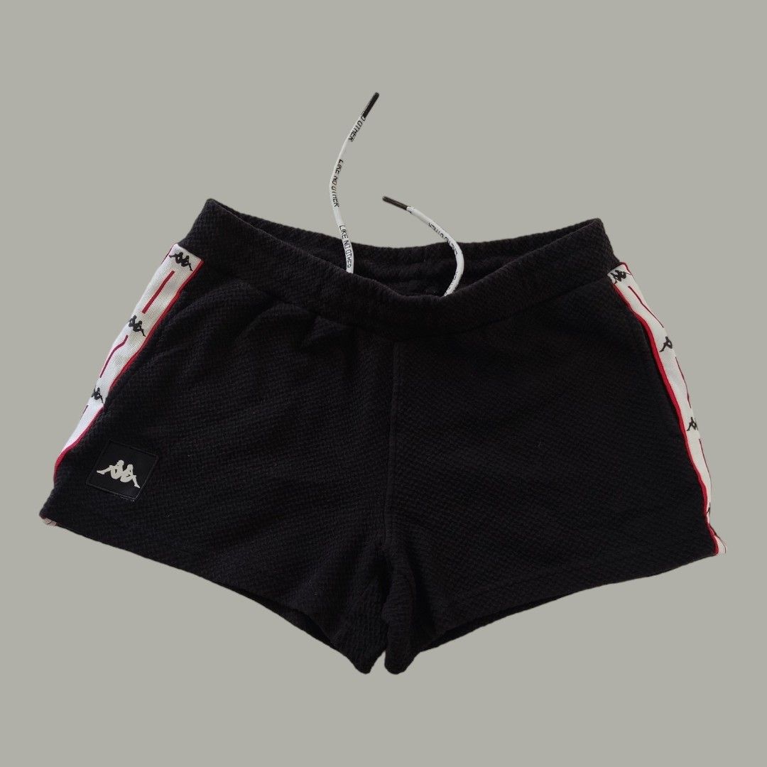 Size 28 30 Kappa Black Side Taper Track Women s Booty Shorts Drawstring Garterized White Red Like No Other