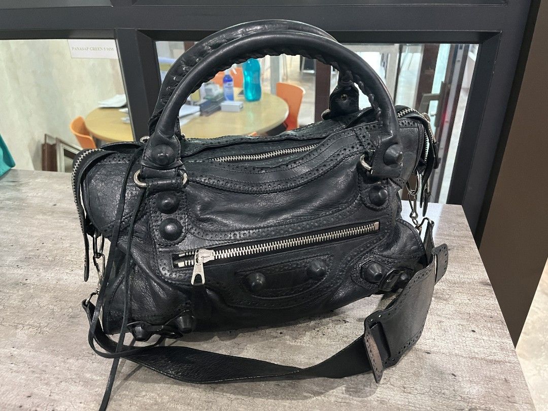 Balenciaga City Black Agneau Brogues Hardware Hand Bag Authentic