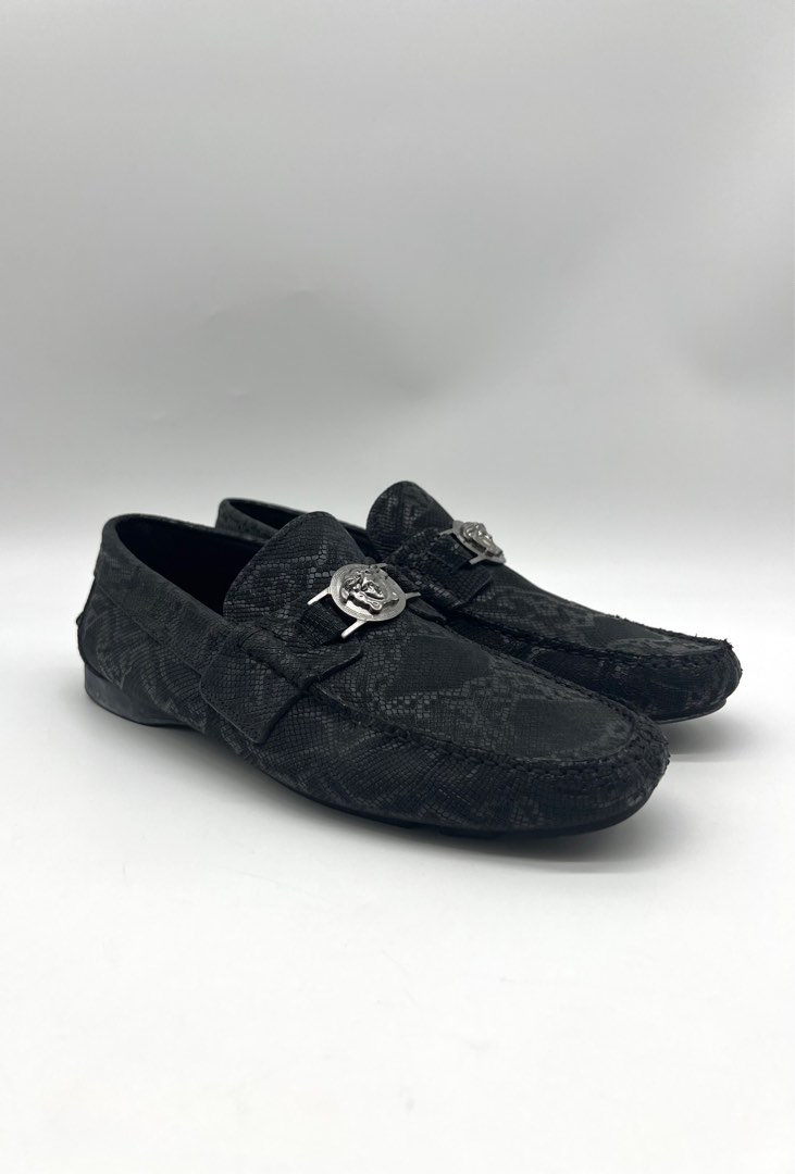 Versace python print leather loafers with medusa head grey metal emblem ...