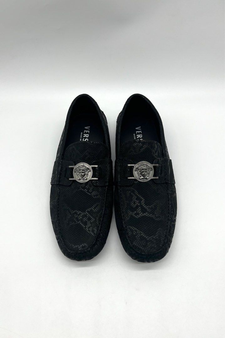 Versace python print leather loafers with medusa head grey metal emblem ...