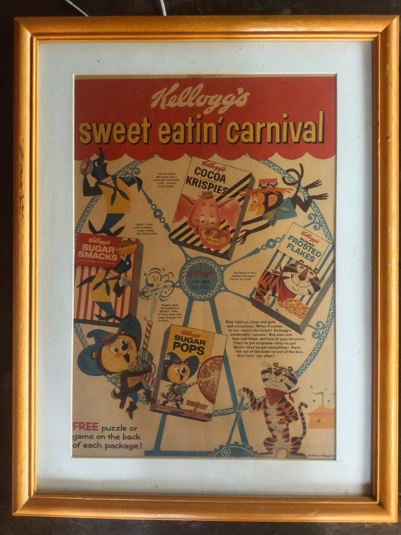 Vintage Kellogs ads (Category: Vintage Collectibles) located in Quezon City. Submitted by dello5 (Listing ID 1263092707, Image 3). Description: Vinatge Kellog's ads -good condition -framed -35cm x 45cm -31cm x 42cm price is for the 2 pcs. 1050php Tandang Sora QC.