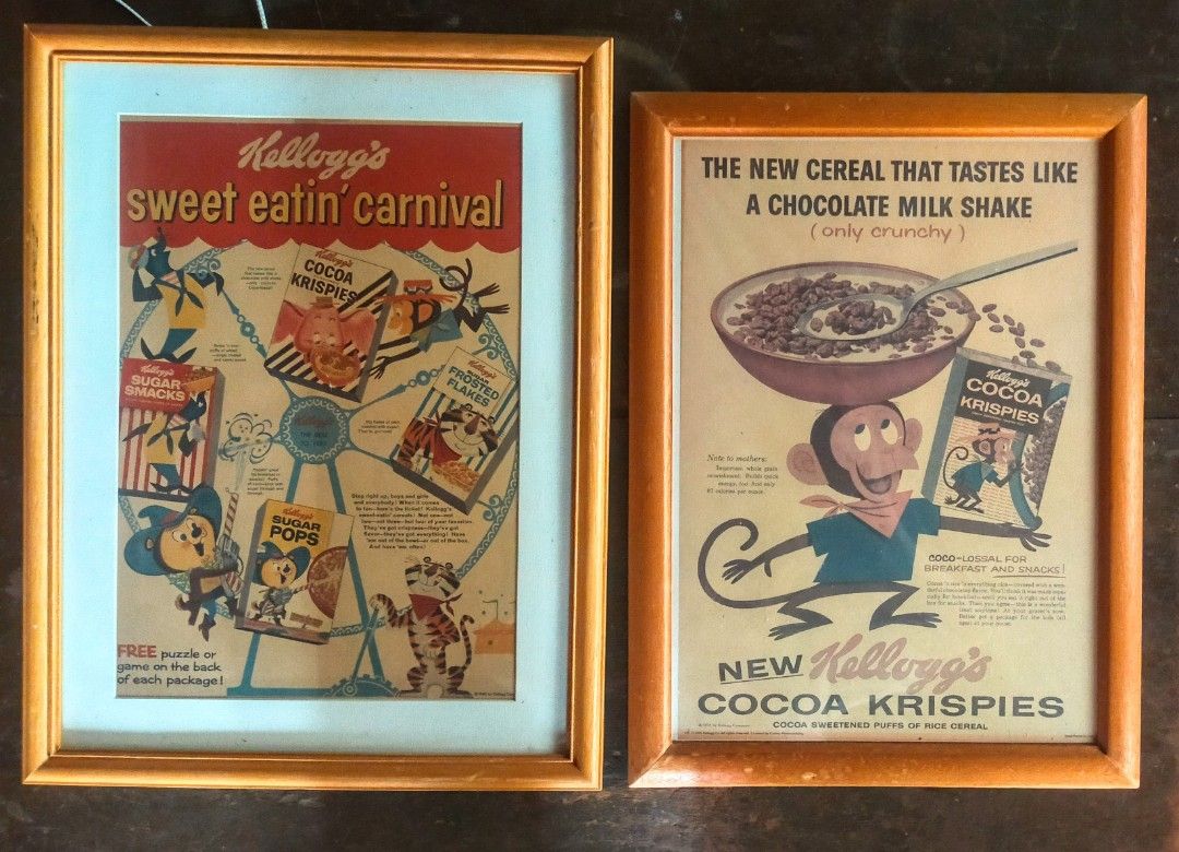 Vintage Kellogs ads (Category: Vintage Collectibles) located in Quezon City. Submitted by dello5 (Listing ID 1263092707, Image 1). Description: Vinatge Kellog's ads -good condition -framed -35cm x 45cm -31cm x 42cm price is for the 2 pcs. 1050php Tandang Sora QC.