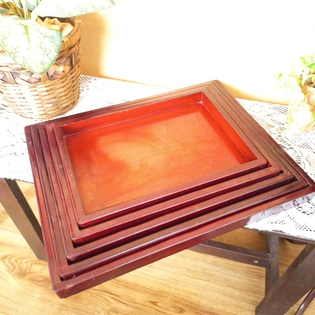 Vintage wooden nesting tray 5-piece set (Category: Storage Boxes & Baskets) located in Dasmarinas. Submitted by millennialmeetsvintage (Listing ID 1263052899, Image 1). Description: Clearance sale ✨️ before: 950 now: 600 5pcs smallest H 3 x L 27 x 20 cm biggest H 3 x 38 x 30 cm flaw: dings, scratches, and may crack yung biggest tray as shown on photos selling low 📌no reservations, first-to-pay basis 📌no physical store 📌ships from dasma cavite 