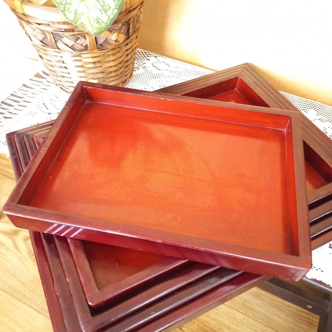Vintage wooden nesting tray 5-piece set (Category: Storage Boxes & Baskets) located in Dasmarinas. Submitted by millennialmeetsvintage (Listing ID 1263052899, Image 2). Description: Clearance sale ✨️ before: 950 now: 600 5pcs smallest H 3 x L 27 x 20 cm biggest H 3 x 38 x 30 cm flaw: dings, scratches, and may crack yung biggest tray as shown on photos selling low 📌no reservations, first-to-pay basis 📌no physical store 📌ships from dasma cavite 