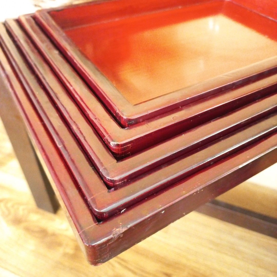 Vintage wooden nesting tray 5-piece set (Category: Storage Boxes & Baskets) located in Dasmarinas. Submitted by millennialmeetsvintage (Listing ID 1263052899, Image 3). Description: Clearance sale ✨️ before: 950 now: 600 5pcs smallest H 3 x L 27 x 20 cm biggest H 3 x 38 x 30 cm flaw: dings, scratches, and may crack yung biggest tray as shown on photos selling low 📌no reservations, first-to-pay basis 📌no physical store 📌ships from dasma cavite 