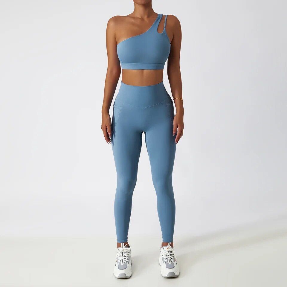 Gym Outfits  One Shoulder Sports bra and High Waist Shorts Gym Outfit –  TGC FASHION