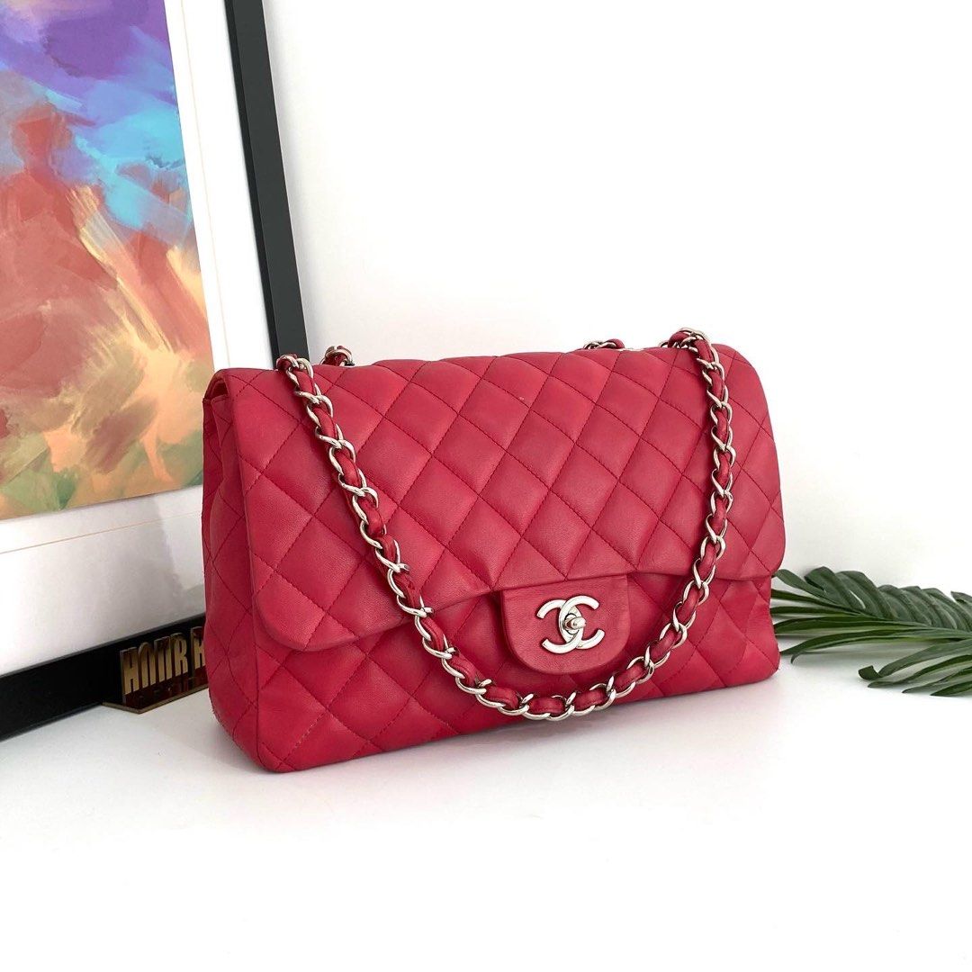 💯% Authentic Chanel Red Color Lambskin Jumbo Single Flap Bag in SHW