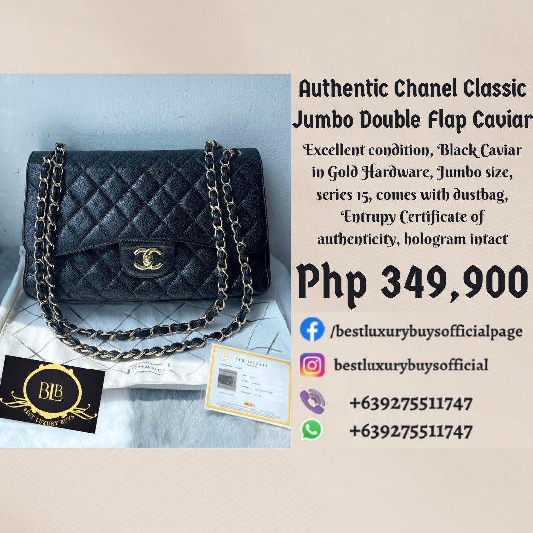 Authentic Chanel Classic Jumbo Double Flap Caviar Two way Bag Black with  Entrupy, Luxury, Bags & Wallets on Carousell