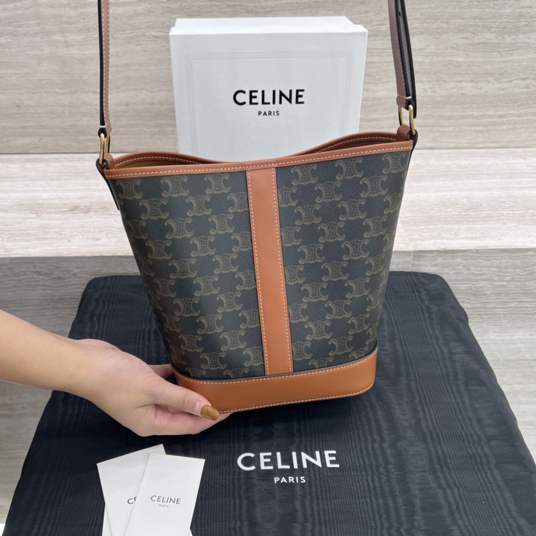 CELINE Canvas Calfskin Triomphe Small Bucket Bag Vanilla Black 1289117