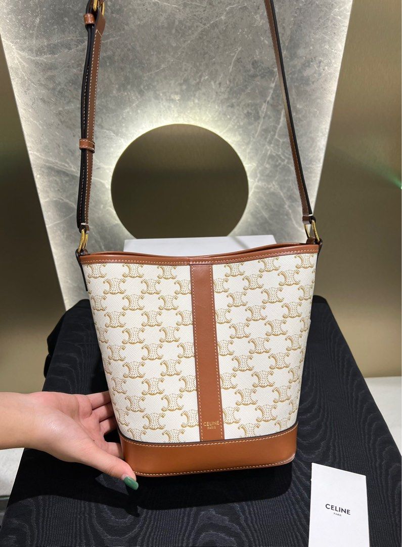 Celine Small Bucket in Triomphe Canvas and Calfskin Leather