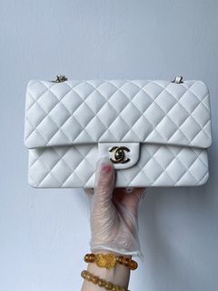 Chanel White/Beige Quilted Chevre and Patent Leather Medium Boy Bag