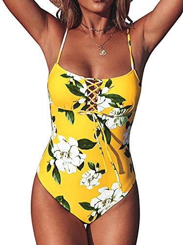 CUPSHE Women's One Piece Swimsuit Yellow Floral Print Lace Up