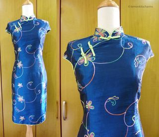 Dark Blue Silk Cheongsam with Rainbow Embroidery, US Size XXS / XS / 0, dr180-3-c