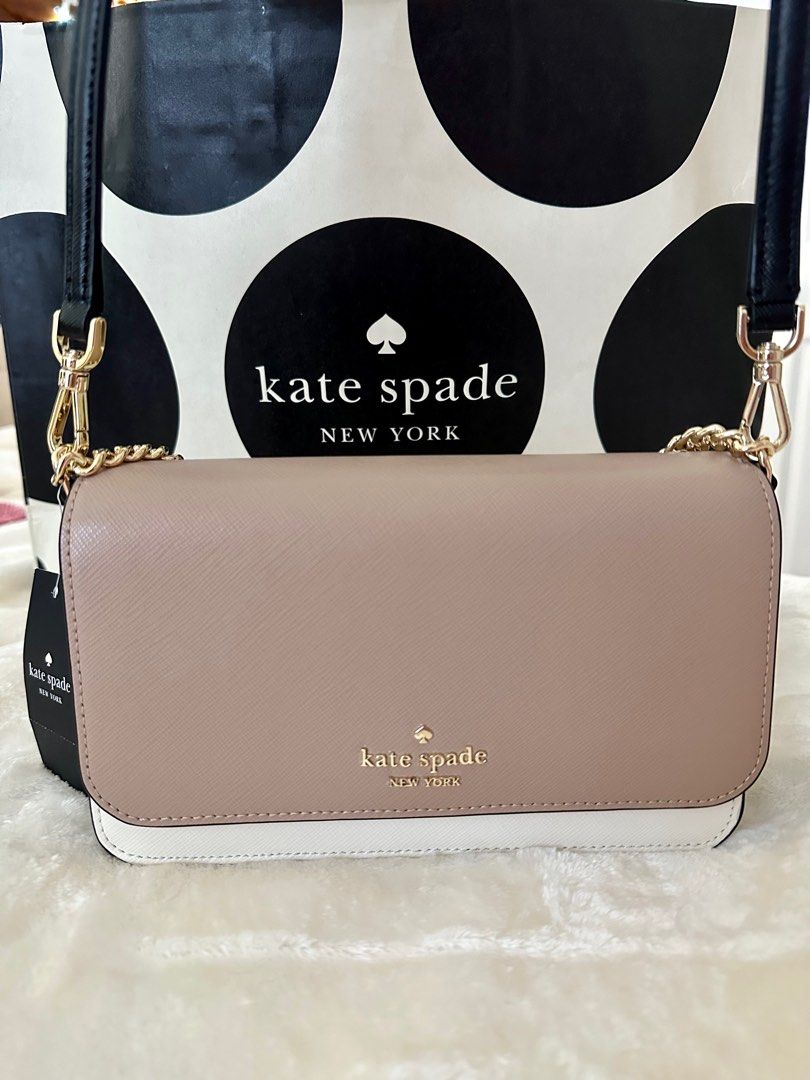 New Kate Spade Staci Small Flap Crossbody Colorblock Saffiano Leather Warm  Beige