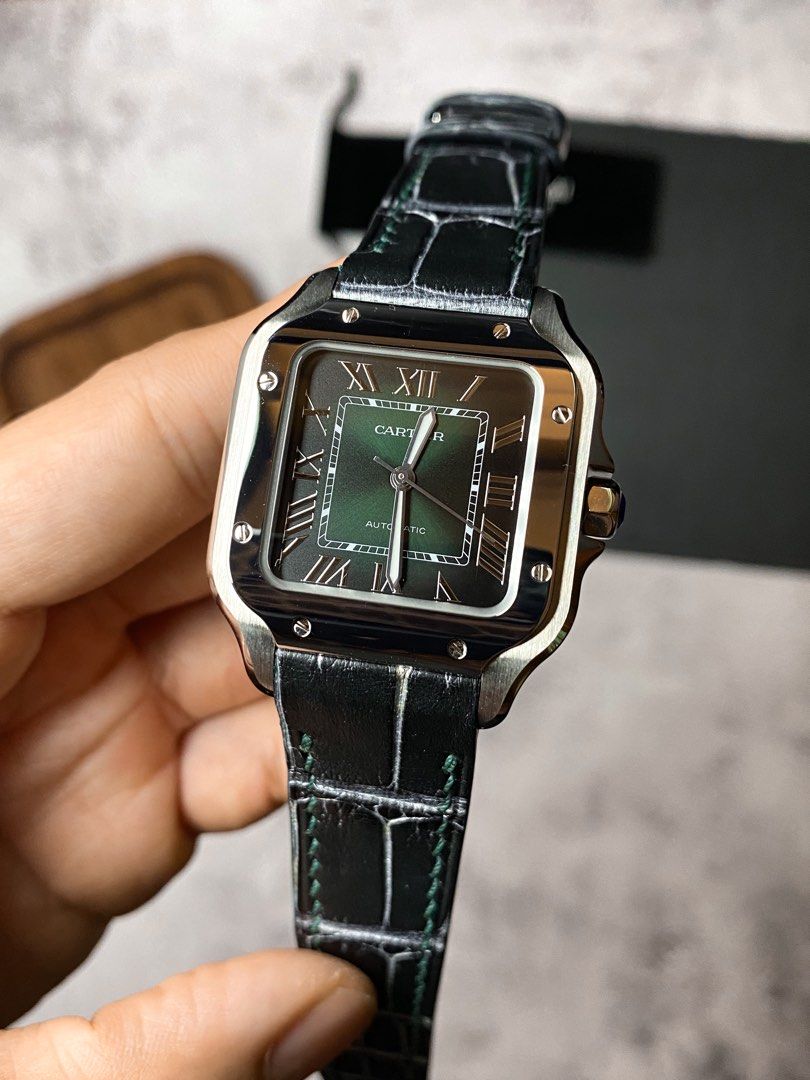 Handmade Matte Black Silver Rub off Alligator for Santos de Cartier M Green with Quick Release Inserts